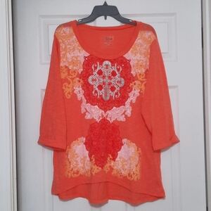Style Sport 1X Orange Sparkles Scoop neckline Cotton Half sleeve Top